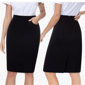 Kate Kasin Black Skirt Hight Waist Stretchy Knee Length with Pockets size 3XL